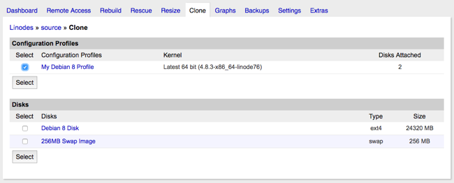 Selecting configuration profiles and disks to migrate